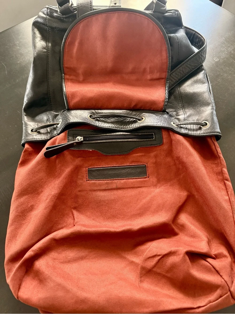 Hand made Black Leather Floral-Print Backpack Purse